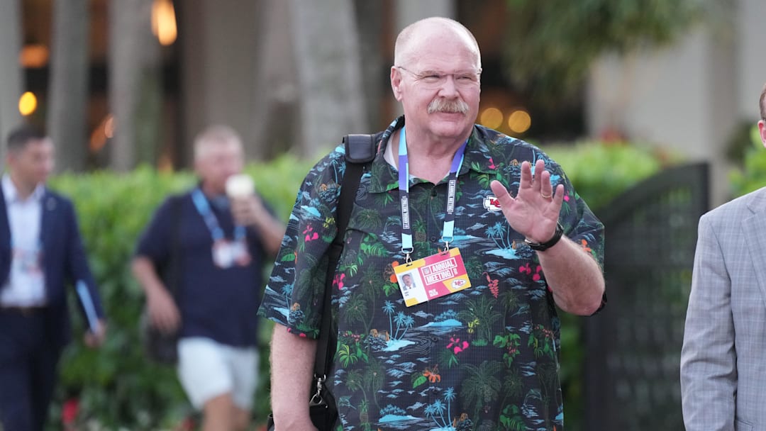 Mar 31, 2025; Palm Beach, FL, USA;  Kansas City Chiefs head coach Andy Reid attends the NFL Annual League Meeting at The Breakers. Mandatory Credit: Jim Rassol-Imagn Images