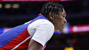 Mar 28, 2025; Detroit, Michigan, USA;  Detroit Pistons forward Ausar Thompson (9) looks on in the first half against the Cleveland Cavaliers at Little Caesars Arena. Mandatory Credit: Rick Osentoski-Imagn Images
