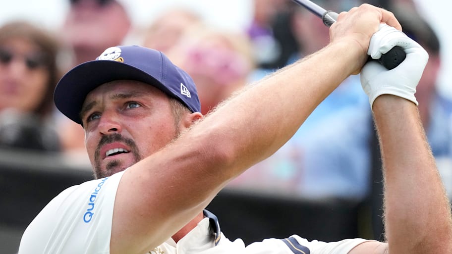 Bryson DeChambeau tees off during the 2025 LIV Golf Indianapolis tournament.