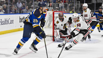 Apr 10, 2024; St. Louis, Missouri, USA;  St. Louis Blues center Jordan Kyrou (25) c controls the puck as Chicago Blackhawks right wing MacKenzie Entwistle (58) defends during the second period at Enterprise Center. Mandatory Credit: Jeff Curry-USA TODAY Sports