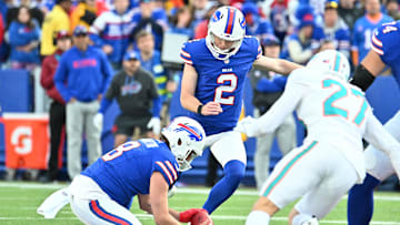 Buffalo Bills kicker Tyler Bass kicks a 61-yard field goal against the Miami Dolphins