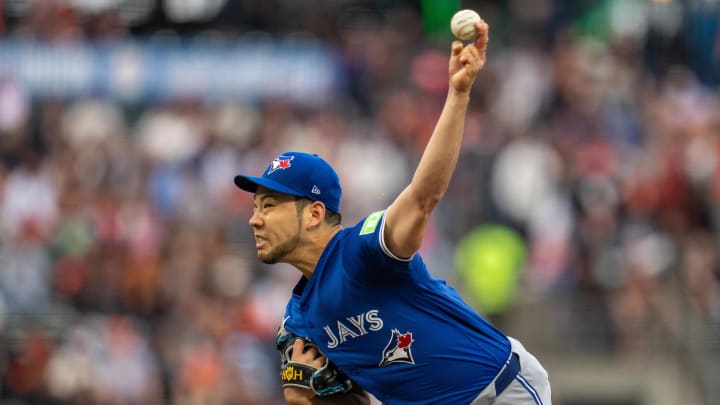 Jul 9, 2024; San Francisco, California, USA;  Toronto Blue Jays starting pitcher Yusei Kikuchi (16) delivers a pitch against the San Francisco Giants during the first inning at Oracle Park. Mandatory Credit: Neville E. Guard-USA TODAY Sports