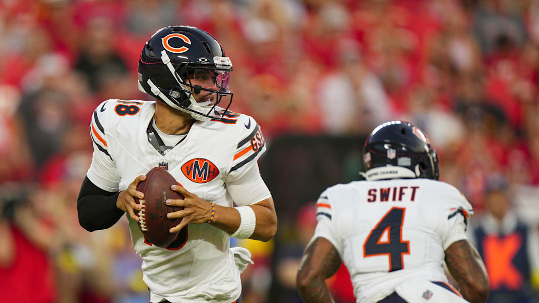 Aug 22, 2025; Kansas City, Missouri, USA; Chicago Bears quarterback Caleb Williams (18) drops back to pass during the first half against the Kansas City Chiefs at GEHA Field at Arrowhead Stadium. Mandatory Credit: Jay Biggerstaff-Imagn Images