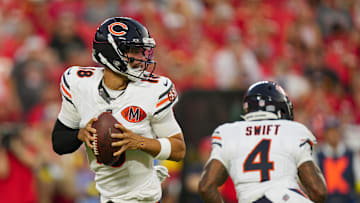 Aug 22, 2025; Kansas City, Missouri, USA; Chicago Bears quarterback Caleb Williams (18) drops back to pass during the first half against the Kansas City Chiefs at GEHA Field at Arrowhead Stadium. Mandatory Credit: Jay Biggerstaff-Imagn Images