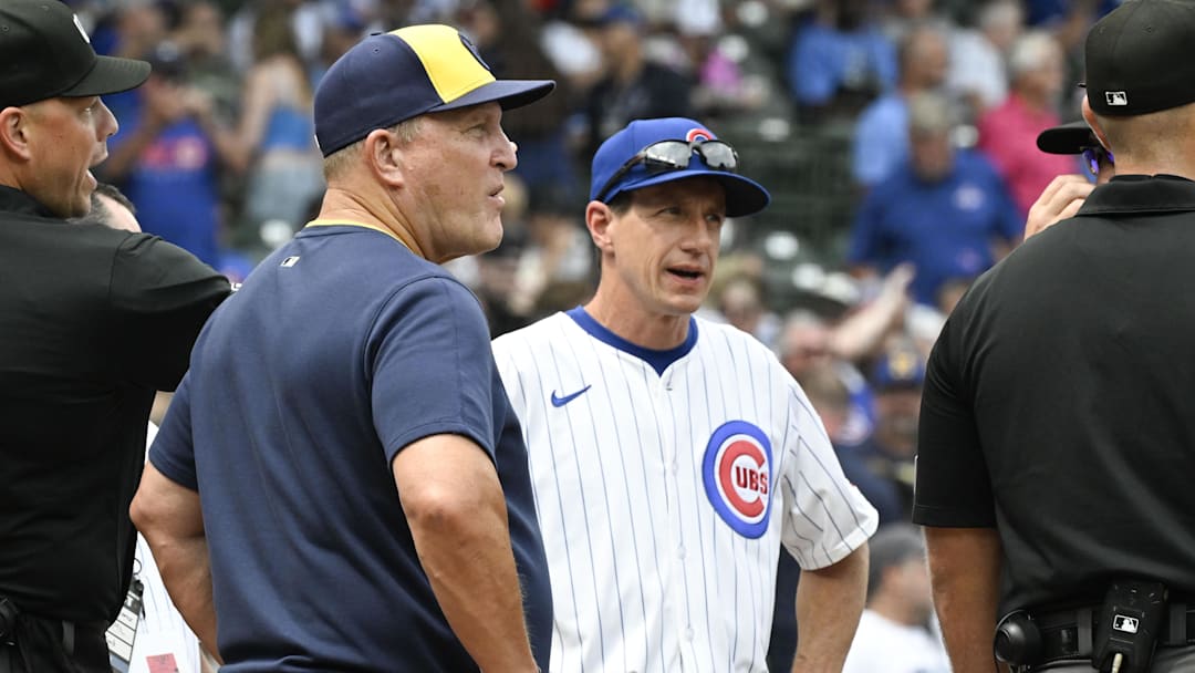 Aug 18, 2025; Chicago, Illinois, USA;  Milwaukee Brewers manager Pat Murphy (49), left, and Chicago Cubs manager Craig Counsell (11) before the game at Wrigley Field. Mandatory Credit: Matt Marton-Imagn Images