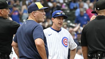 Aug 18, 2025; Chicago, Illinois, USA;  Milwaukee Brewers manager Pat Murphy (49), left, and Chicago Cubs manager Craig Counsell (11) before the game at Wrigley Field. Mandatory Credit: Matt Marton-Imagn Images