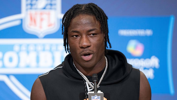 Former Nebraska running back Emmett Johnson speaks to members of the media during the NFL Combine.