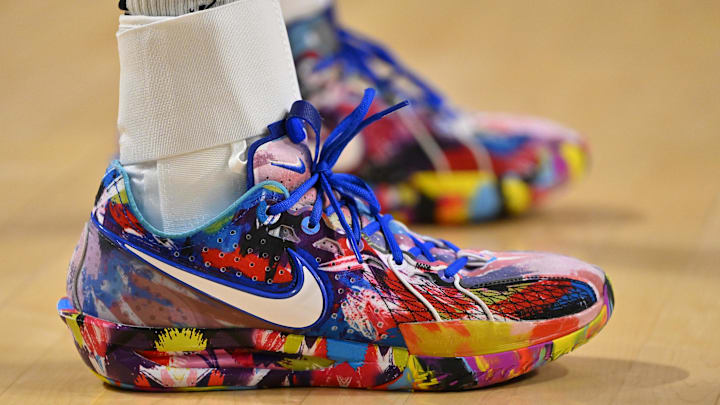 Aug 26, 2025; Los Angeles, California, USA; Detailed view of the basketball sneakers worn by Los Angeles Sparks forward Azura Stevens (23) against the Phoenix Mercury at Crypto.com Arena. Mandatory Credit: Jayne Kamin-Oncea-Imagn Images
