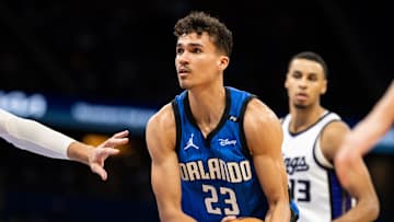 Mar 29, 2025; Orlando, Florida, USA; Orlando Magic forward Tristan da Silva (23) passes the ball against the Sacramento Kings in the fourth quarter at Kia Center. Mandatory Credit: Jeremy Reper-Imagn Images