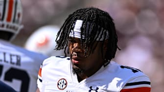 Sep 23, 2023; College Station, Texas, USA; Auburn Tigers safety Terrance Love (16) stands on the field during warm ups prior to the game against the Texas A&M Aggies at Kyle Field. Mandatory Credit: Maria Lysaker-Imagn Images