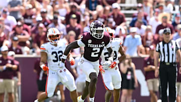 Sep 23, 2023; College Station, Texas, USA; Texas A&M Aggies defensive back Jacoby Mathews (2) runs down field during the third quarter against the Auburn Tigers at Kyle Field. Mandatory Credit: Maria Lysaker-Imagn Images