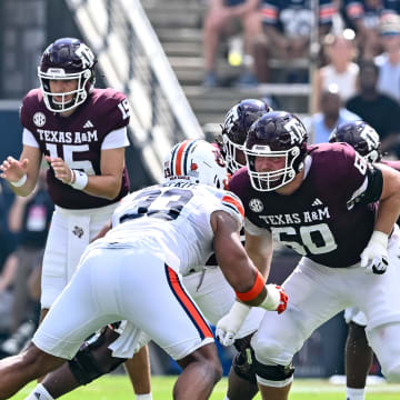 Sep 23, 2023; College Station, Texas, USA; Texas A&M Aggies offensive lineman Trey Zuhn III (60) in action during the first quarter at Kyle Field. Mandatory Credit: Maria Lysaker-USA TODAY Sports