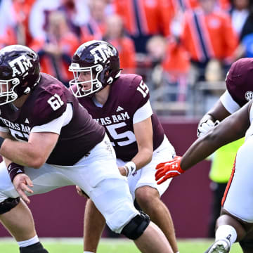 Sep 23, 2023; College Station, Texas, USA; Texas A&M Aggies offensive lineman Bryce Foster (61) in action during the first quarter against the Auburn Tigers at Kyle Field. Mandatory Credit: Maria Lysaker-USA TODAY Sports
