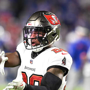 Oct 26, 2023; Orchard Park, New York, USA; Tampa Bay Buccaneers safety Christian Izien (29) warms up before a game against the Buffalo Bills at Highmark Stadium. Mandatory Credit: Mark Konezny-Imagn Images