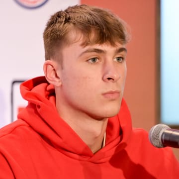 Apr 1, 2024; Houston, TX, USA; McDonald's All American East forward Cooper Flagg speaks during a press conference at JW Marriott Houston by The Galleria. Mandatory Credit: Maria Lysaker-USA TODAY Sports