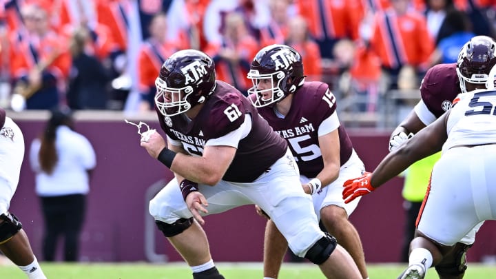 Sep 23, 2023; College Station, Texas, USA; Texas A&M Aggies offensive lineman Bryce Foster (61) in action during the first quarter against the Auburn Tigers at Kyle Field. Mandatory Credit: Maria Lysaker-USA TODAY Sports