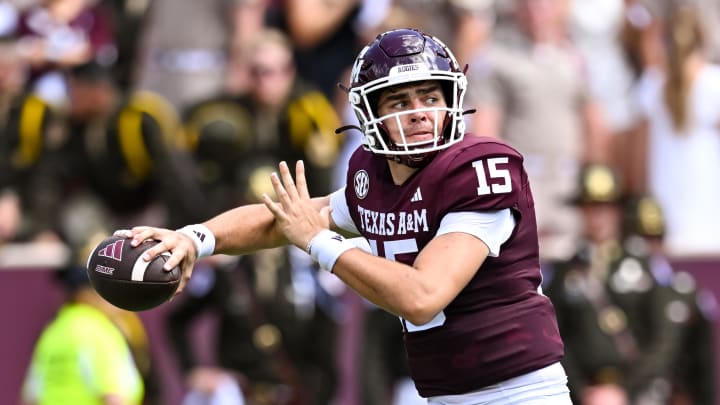 Sep 23, 2023; College Station, Texas, USA; Texas A&M Aggies quarterback Conner Weigman (15) looks to throw the ball during the second quarter against the Auburn Tigers at Kyle Field. Mandatory Credit: Maria Lysaker-USA TODAY Sports