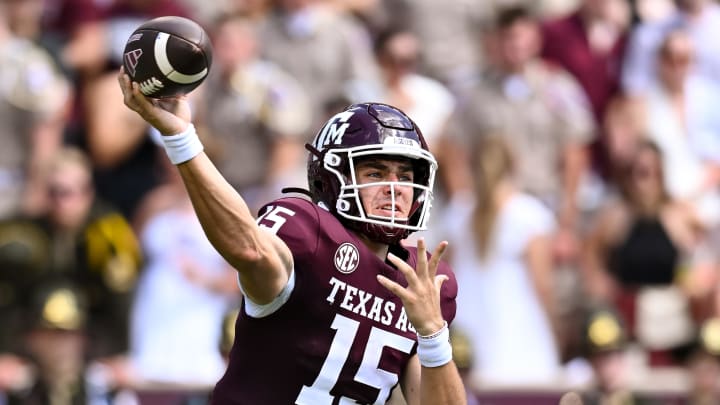 Sep 23, 2023; College Station, Texas, USA; Texas A&M Aggies quarterback Conner Weigman (15) throws the ball during the second quarter against the Auburn Tigers at Kyle Field. Mandatory Credit: Maria Lysaker-USA TODAY Sports