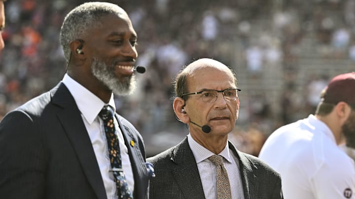 Sep 23, 2023; College Station, Texas, USA; SEC Nation Roman Harper (left) and Paul Finebaum (right) speak on the sideline during pre-game between the Texas A&M Aggies and the Auburn Tigers at Kyle Field. Mandatory Credit: Maria Lysaker-Imagn Images