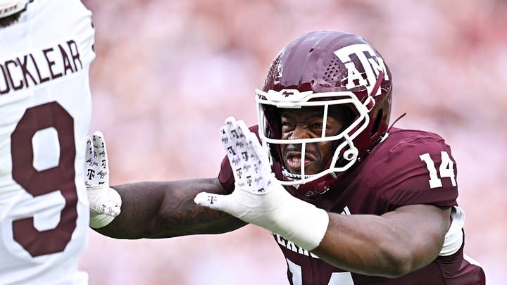 Sep 5, 2026; College Station, Texas, USA; Texas A&M Aggies defensive end Anto Saka (14) applies pressure during the first quarter against the Missouri State Bears at Kyle Field. Mandatory Credit: Maria Lysaker-Imagn Images