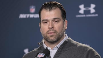 Feb 19, 2015;  Indianapolis, IN, USA; Indianapolis Colts general manager Ryan Grigson speaks to the media at the 2015 NFL Combine at Lucas Oil Stadium. Mandatory Credit: Trevor Ruszkowski-Imagn Images