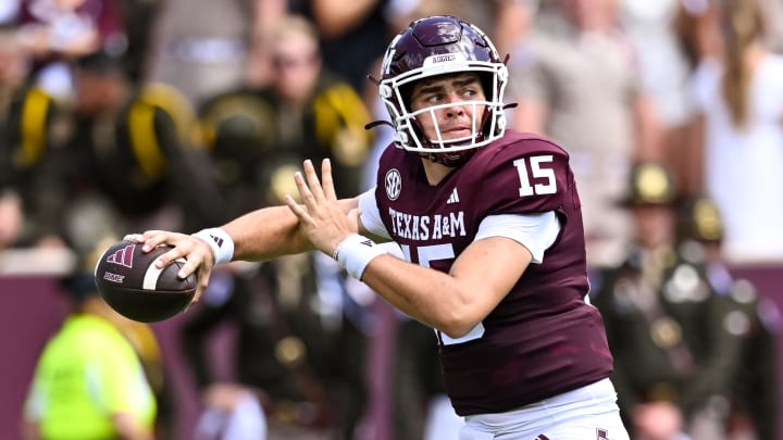 Sep 23, 2023; College Station, Texas, USA; Texas A&M Aggies quarterback Conner Weigman (15) looks to throw the ball during the second quarter against the Auburn Tigers at Kyle Field. 