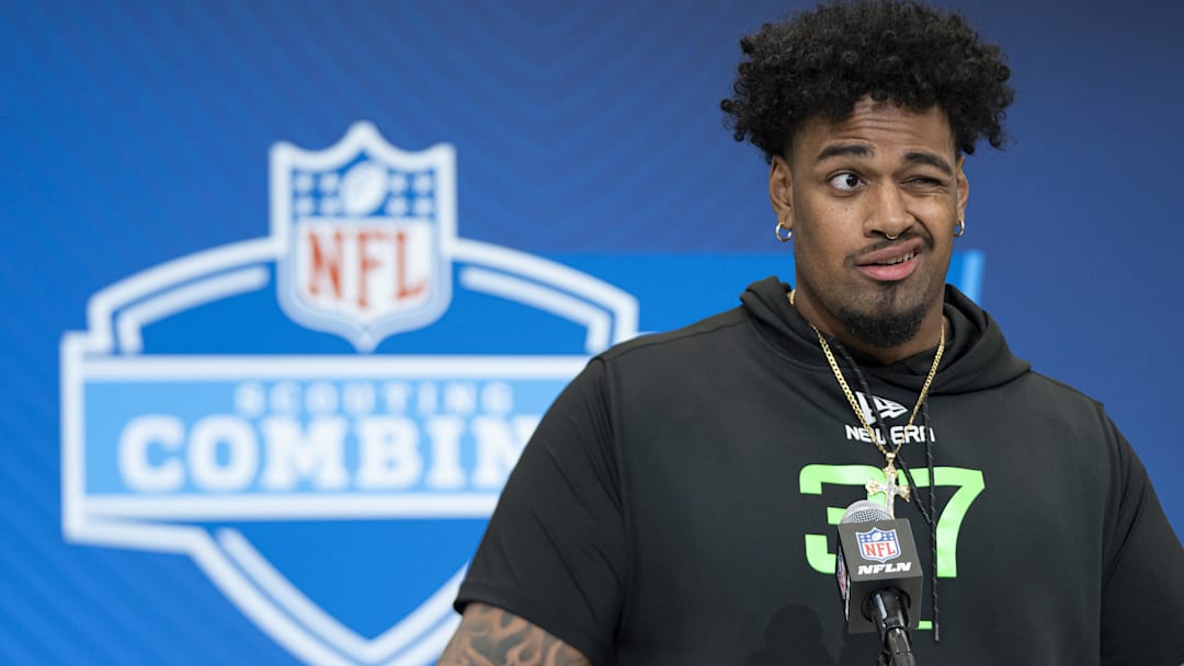 Mar 1, 2025; Indianapolis, IN, USA; Ohio State University offensive lineman Josh Simmons (OL37) answers questions at a press conference during the 2025 NFL Combine at Indiana Convention Center. Mandatory Credit: Jacob Musselman-Imagn Images