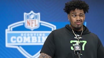 Mar 1, 2025; Indianapolis, IN, USA; Ohio State University offensive lineman Josh Simmons (OL37) answers questions at a press conference during the 2025 NFL Combine at Indiana Convention Center. Mandatory Credit: Jacob Musselman-Imagn Images