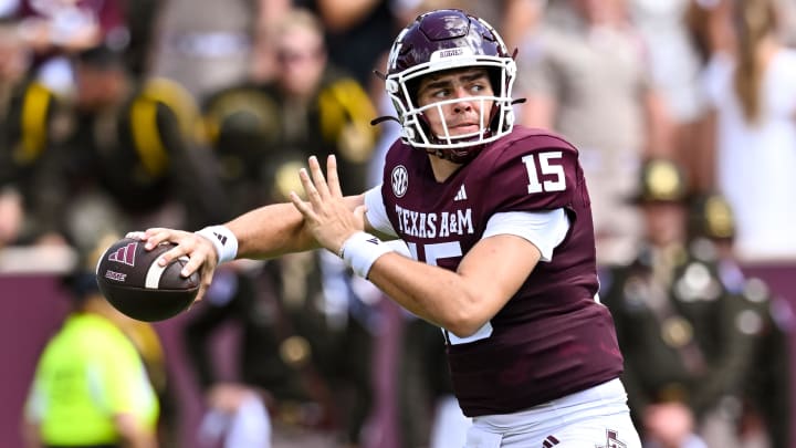 Sep 23, 2023; College Station, Texas, USA; Texas A&M Aggies quarterback Conner Weigman (15) looks to throw the ball during the second quarter against the Auburn Tigers at Kyle Field. Mandatory Credit: Maria Lysaker-USA TODAY Sports