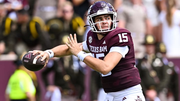 Sep 23, 2023; College Station, Texas, USA; Texas A&M Aggies quarterback Conner Weigman (15) looks to throw the ball during the second quarter against the Auburn Tigers at Kyle Field.