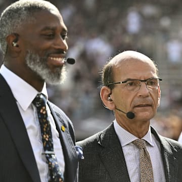 Sep 23, 2023; College Station, Texas, USA; SEC Nation Roman Harper (left) and Paul Finebaum (right) speak on the sideline during pre-game between the Texas A&M Aggies and the Auburn Tigers at Kyle Field. Mandatory Credit: Maria Lysaker-Imagn Images