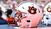 Sep 23, 2023; College Station, Texas, USA; A detailed view of an Auburn Tigers helmet on the sideline of the game against the Texas A&M Aggies at Kyle Field. Mandatory Credit: Maria Lysaker-Imagn Images