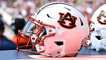 Sep 23, 2023; College Station, Texas, USA; A detailed view of an Auburn Tigers helmet on the sideline of the game against the Texas A&M Aggies at Kyle Field. Mandatory Credit: Maria Lysaker-Imagn Images