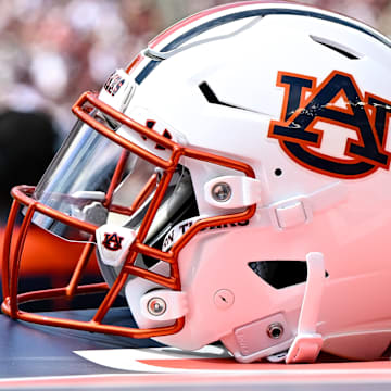 Sep 23, 2023; College Station, Texas, USA; A detailed view of an Auburn Tigers helmet on the sideline of the game against the Texas A&M Aggies at Kyle Field. Mandatory Credit: Maria Lysaker-Imagn Images