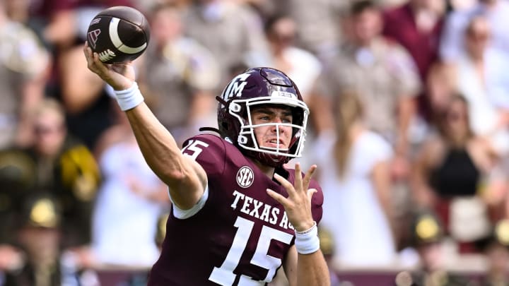Sep 23, 2023; College Station, Texas, USA; Texas A&M Aggies quarterback Conner Weigman (15) throws the ball during the second quarter against the Auburn Tigers at Kyle Field. Mandatory Credit: Maria Lysaker-USA TODAY Sports
