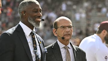 Sep 23, 2023; College Station, Texas, USA; SEC Nation Roman Harper (left) and Paul Finebaum (right) speak on the sideline during pre-game between the Texas A&M Aggies and the Auburn Tigers at Kyle Field. Mandatory Credit: Maria Lysaker-Imagn Images