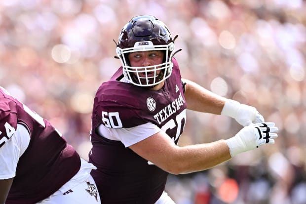 Texas A&M Aggies offensive lineman Trey Zuhn III (60) in action during the first quarter against the Auburn Tigers.
