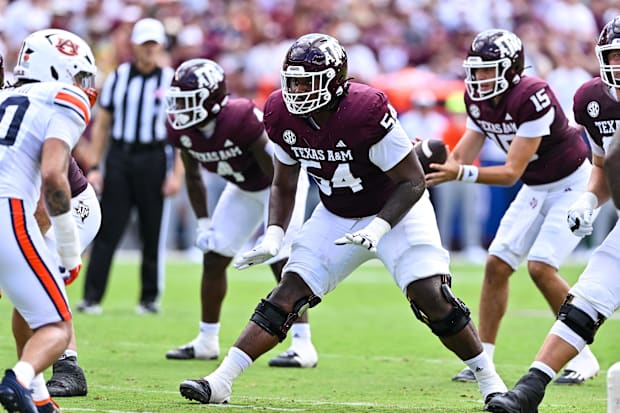 Texas A&M Aggies offensive lineman Mark Nabou Jr. in action during the first half against the Auburn Tigers at Kyle Field.