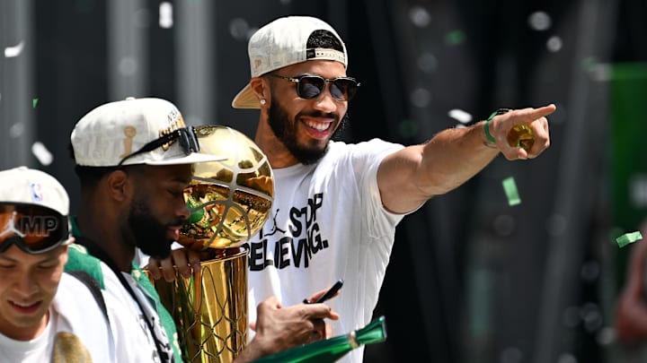 Jayson Tatum and Jaylen Brown at the Celtics championship parade. 