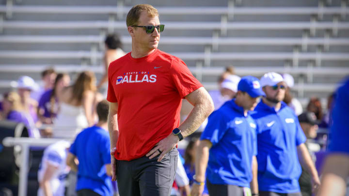 Sep 23, 2023; Fort Worth, Texas, USA; SMU Mustangs head coach Rhett Lashlee before the game between the TCU Horned Frogs and the SMU Mustangs at Amon G. Carter Stadium. Mandatory Credit: Jerome Miron-USA TODAY Sports