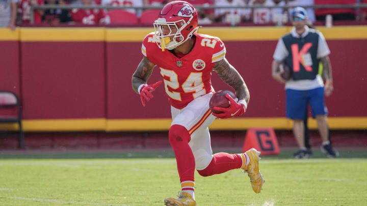 Aug 17, 2024; Kansas City, Missouri, USA; Kansas City Chiefs wide receiver Skyy Moore (24) runs the ball against the Detroit Lions during the game at GEHA Field at Arrowhead Stadium. Mandatory Credit: Denny Medley-USA TODAY Sports