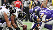 Nov 9, 2025; Minneapolis, Minnesota, USA; The line of scrimmage between the Minnesota Vikings and the Baltimore Ravens during the second quarter at U.S. Bank Stadium. Mandatory Credit: Jeffrey Becker-Imagn Images