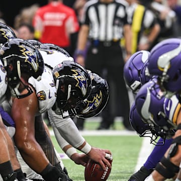 Nov 9, 2025; Minneapolis, Minnesota, USA; The line of scrimmage between the Minnesota Vikings and the Baltimore Ravens during the second quarter at U.S. Bank Stadium. Mandatory Credit: Jeffrey Becker-Imagn Images