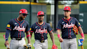 Atlanta Braves players, from left, outfielders Jurickson Profar, and infielders Ozzie Albie and Orlando Arcia, arrive for a spring training workout Thursday, Feb. 27th at CoolToday Park in North Port.
