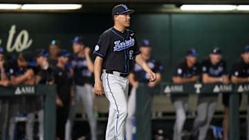 Kentucky baseball head coach Nick Mingione walks to the pitchers mound during a NCAA baseball game between Tennessee and Kentucky at Lindsey Nelson Stadium in Knoxville, Tenn., on April 18, 2025.