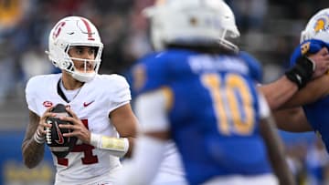Nov 29, 2024; San Jose, California, USA; Stanford Cardinal quarterback Ashton Daniels (14) looks for a pass against the San Jose State Spartans in the third quarter at CEFCU Stadium. Mandatory Credit: Eakin Howard-Imagn Images
