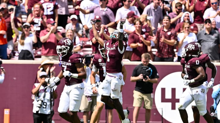 Sep 23, 2023; College Station, Texas, USA; Texas A&M Aggies wide receiver Evan Stewart (1) reacts after scoring a touchdown in the third quarter against the Auburn Tigers at Kyle Field. Mandatory Credit: Maria Lysaker-USA TODAY Sports