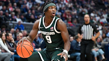 Oct 28, 2025; Hartford, CT, USA; Michigan State Spartans guard Trey Fort (9) runs with the ball during the first half against the Connecticut Huskies at PeoplesBank Arena. Mandatory Credit: Mark Smith-Imagn Images