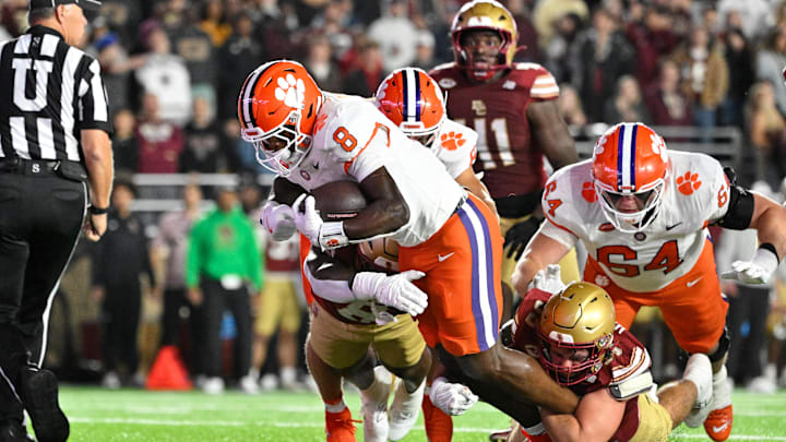 Oct 11, 2025; Chestnut Hill, Massachusetts, USA; Clemson Tigers running back Adam Randall (8) runs the ball in for a touchdown against the Boston College Eagles during the first half at Alumni Stadium. Mandatory Credit: Eric Canha-Imagn Images