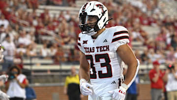 Sep 7, 2024; Pullman, Washington, USA; Texas Tech Red Raiders running back Cameron Dickey (33) celebrates a score against the Washington State Cougars in the second half at Gesa Field at Martin Stadium. Washington State Cougars won 37-16. Mandatory Credit: James Snook-Imagn Images